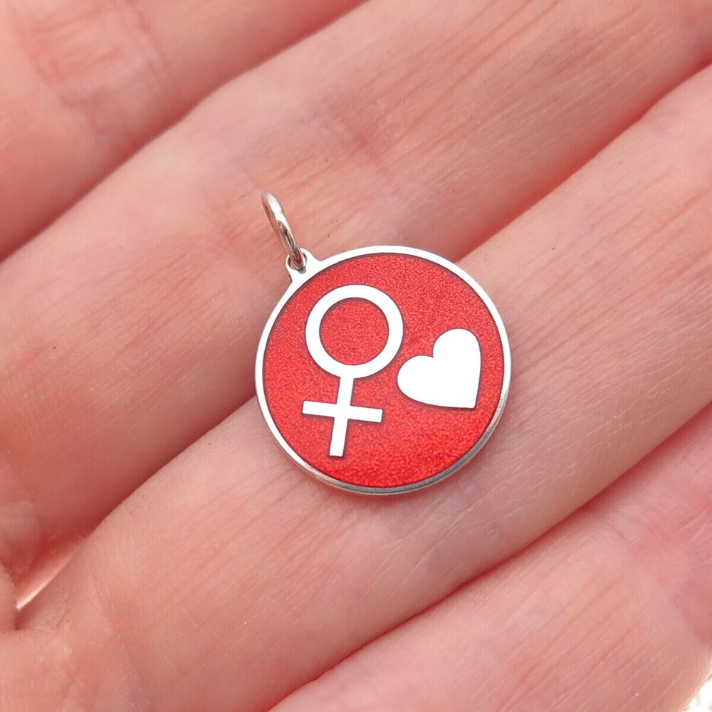 925 Sterling Silver Red Enamel Female Sign Heart Round Tag Mini Charm Pendant
